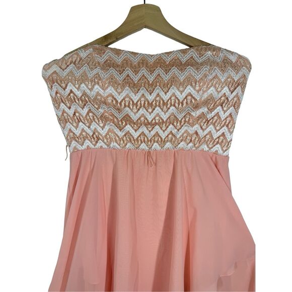 Celavie Peach Strapless High Low Cocktail Dress Size L Chiffon Chevron Print USA - Picture 9 of 11